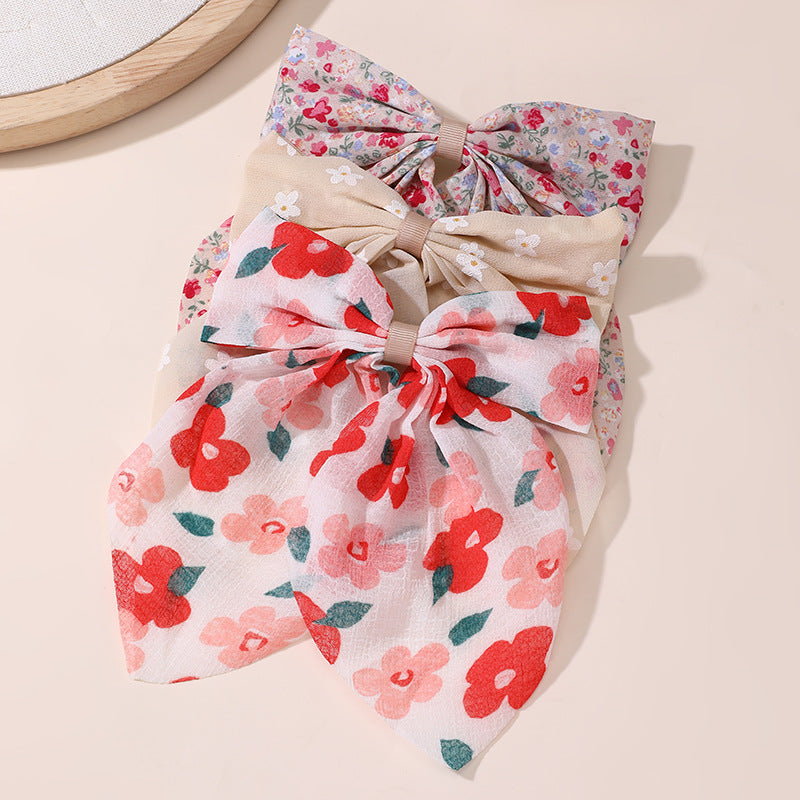 Natural Style Double-Layer Bow Hair Clip with Floral Print Satin Ribbon and Spring Clamp for Girls