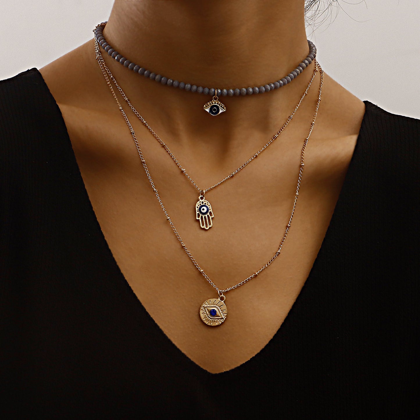 Geometric Blue Evil Eye Pendant Necklace with Rhinestone Inlay and Gold Plated Alloy for Women