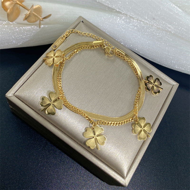 Pulsera de acero de titanio de doble capa con trébol de cuatro hojas, minimalista, para mujer, con acabado chapado