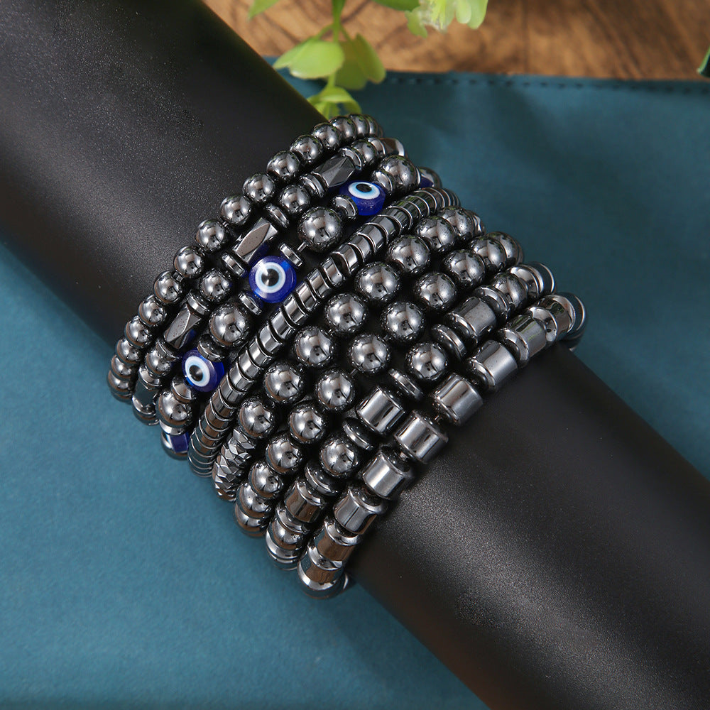 Geometric Round Hematite Magnetic Bracelet with Evil Eye Design