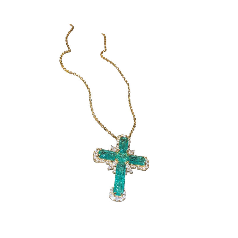 Elegante collana pendente a croce da donna in rame con intarsio di strass, design geometrico, stile catena clavicola