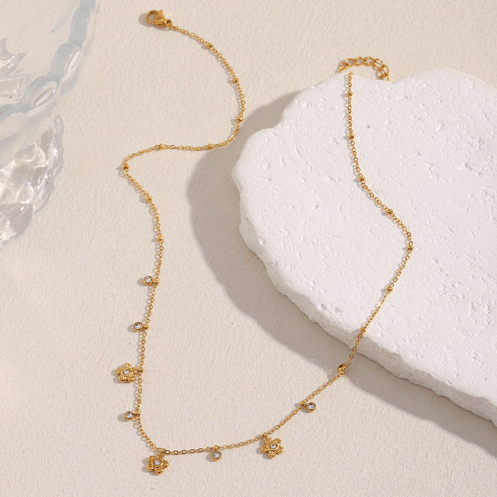 Minimalist Floral Pendant Necklace with Zircon Accents, Stainless Steel Base and 18K Gold Plating for Women