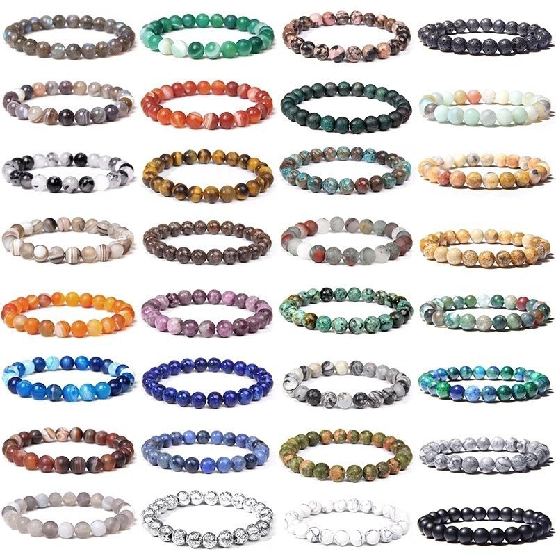 Natural Volcanic Stone and Agate Beaded Bracelet Geometric Round Unisex Fashion Jewelry