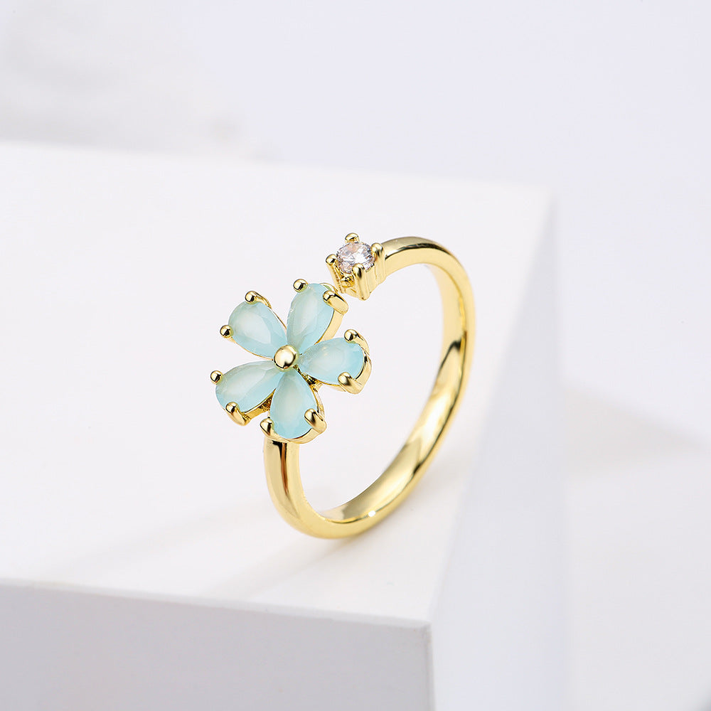 Minimalist Floral Geometric Copper Ring with 18K Gold Plating and Zircon Inlay for Women