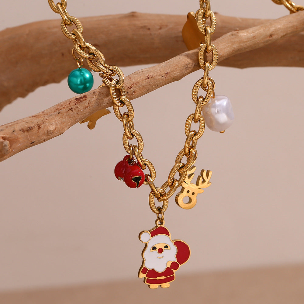 Fashionable Cartoon Character Pendant Necklace for Women Stainless Steel with 18K Gold Plating Large O-Shape Chain Christmas Theme Deer Santa Bell Design