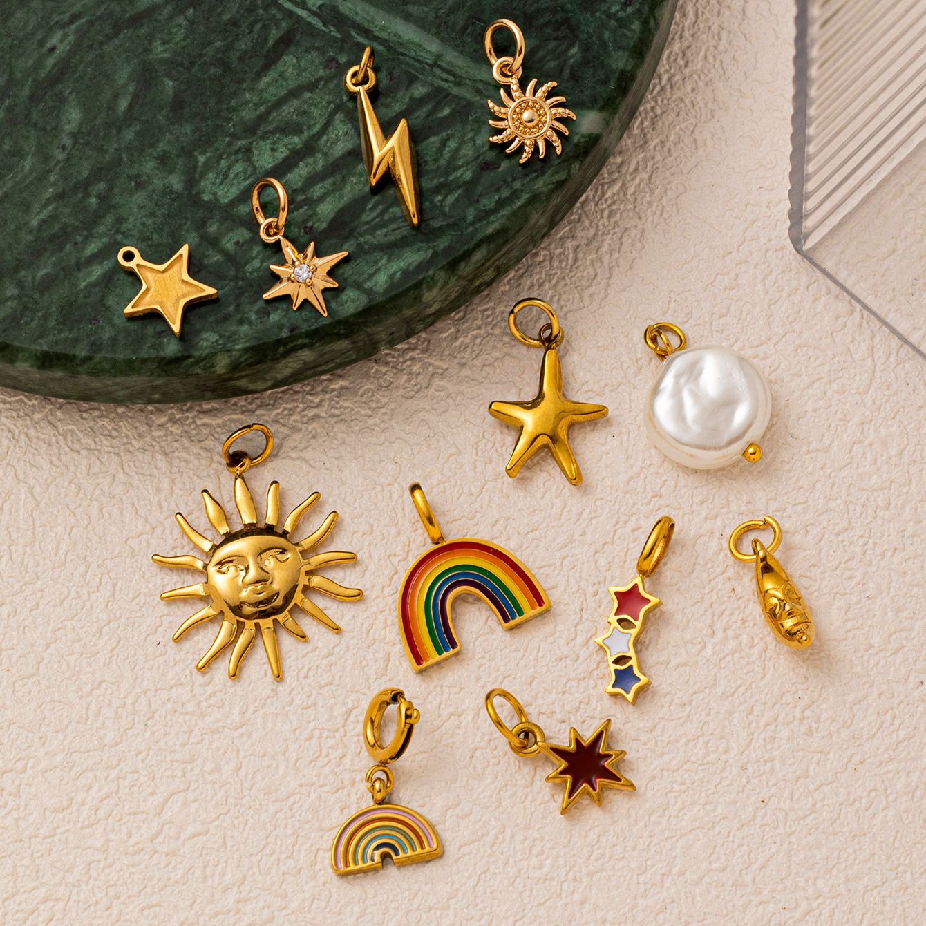 Vintage 18K Gold Plated Stainless Steel Star Sun Charm Bar for Women
