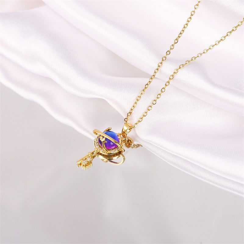 Romantic Starry Sky Glass Stone Key Pendant Necklace in Titanium Steel with Plated Finish on O-Chain