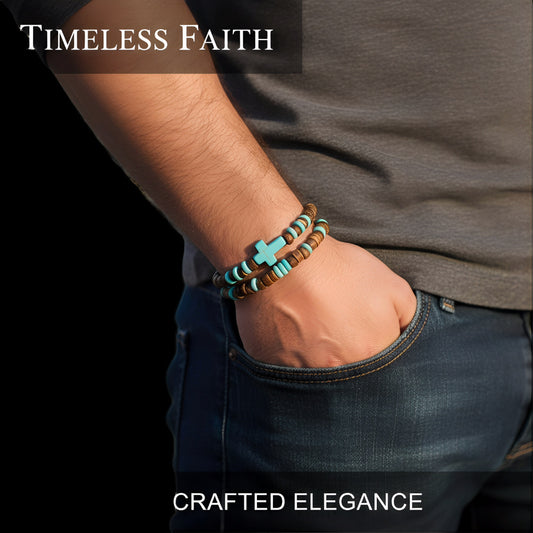 Bohemian Turquoise Cross Geometric Wood Bead Bracelet Unisex Handmade Multi-layer Stackable