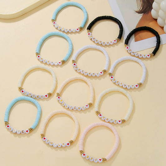 Colorful Polymer Clay Letter Bracelet Set for Kids with Copper Beads and Acrylic Accents, Elastic Multi-Layer Stackable BFF Bracelets