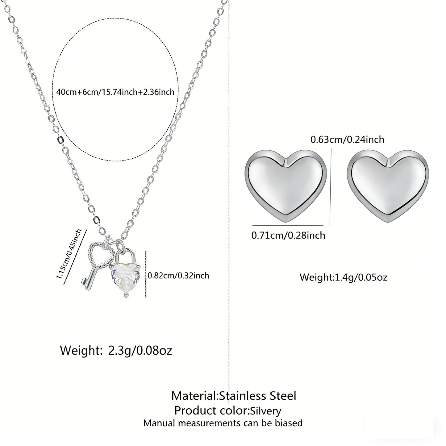 Minimalist Stainless Steel Heart Key Necklace and Earring Set Plated Jewelry for Women