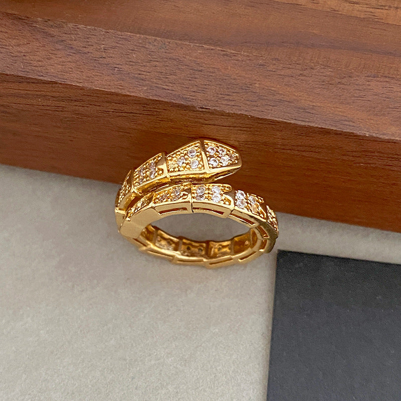 Luxury Geometric Snake Ring Titanium Steel Micro-Inlaid Cubic Zirconia Plated Fashion Jewelry for Women