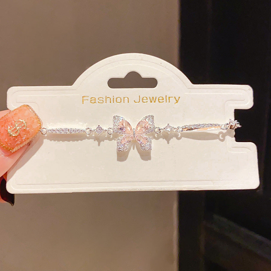 Vintage Sweet Butterfly Brass Bracelet with Cubic Zirconia Inlay for Women