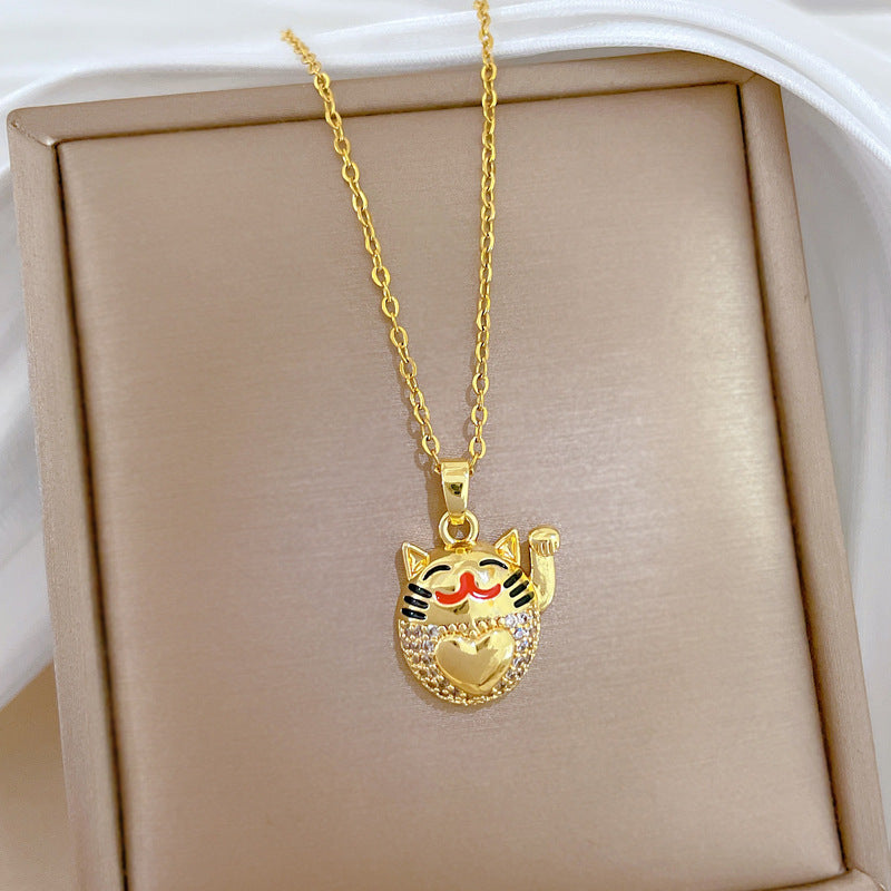 Sweet Elegant Geometric Drip Oil Rhinestone Lucky Cat Necklace Titanium Steel Cable Chain Unisex