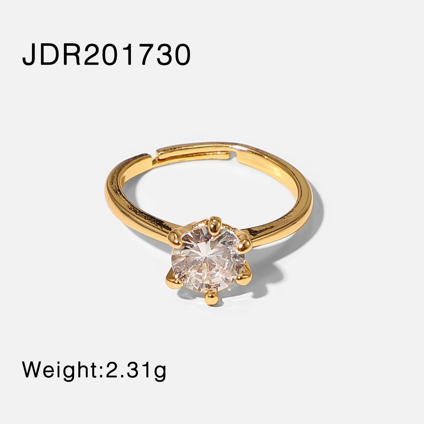 Anello rotondo con zircone bianco a sei griffe in stile cartone animato, in rame placcato oro 18 carati da donna