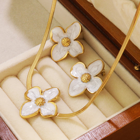 Sweet Drip Oil Plant Stainless Steel Necklace and Earring Set with Snake Chain