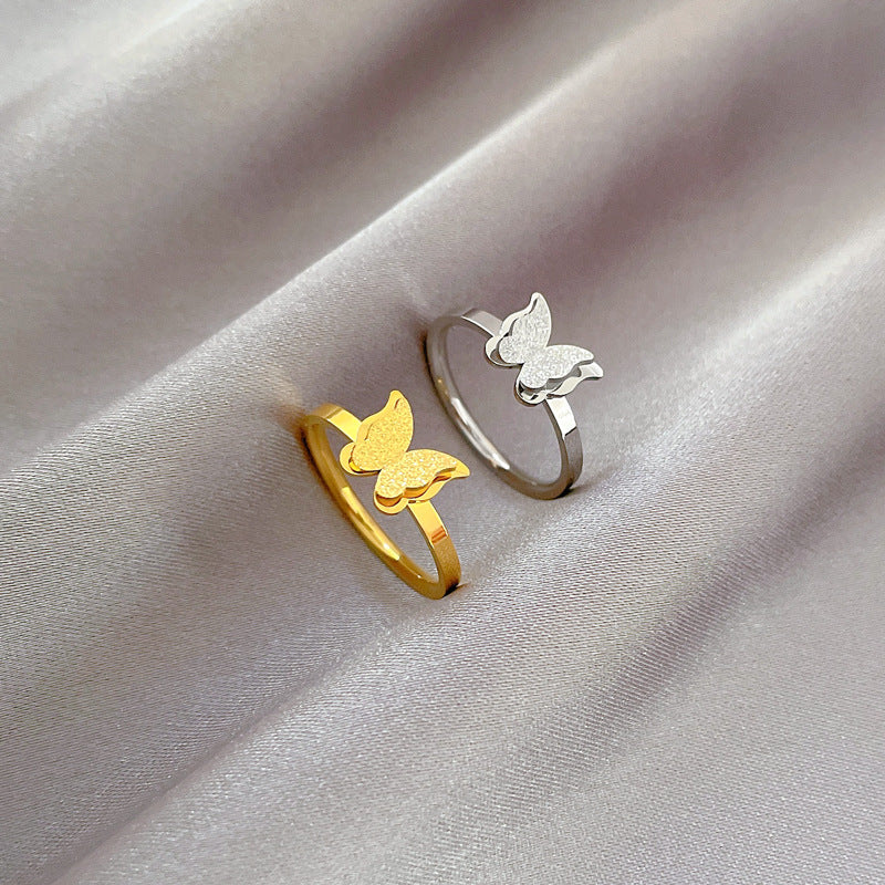 Anillo Minimalista de Acero Inoxidable Pulido con Mariposa para Unisex