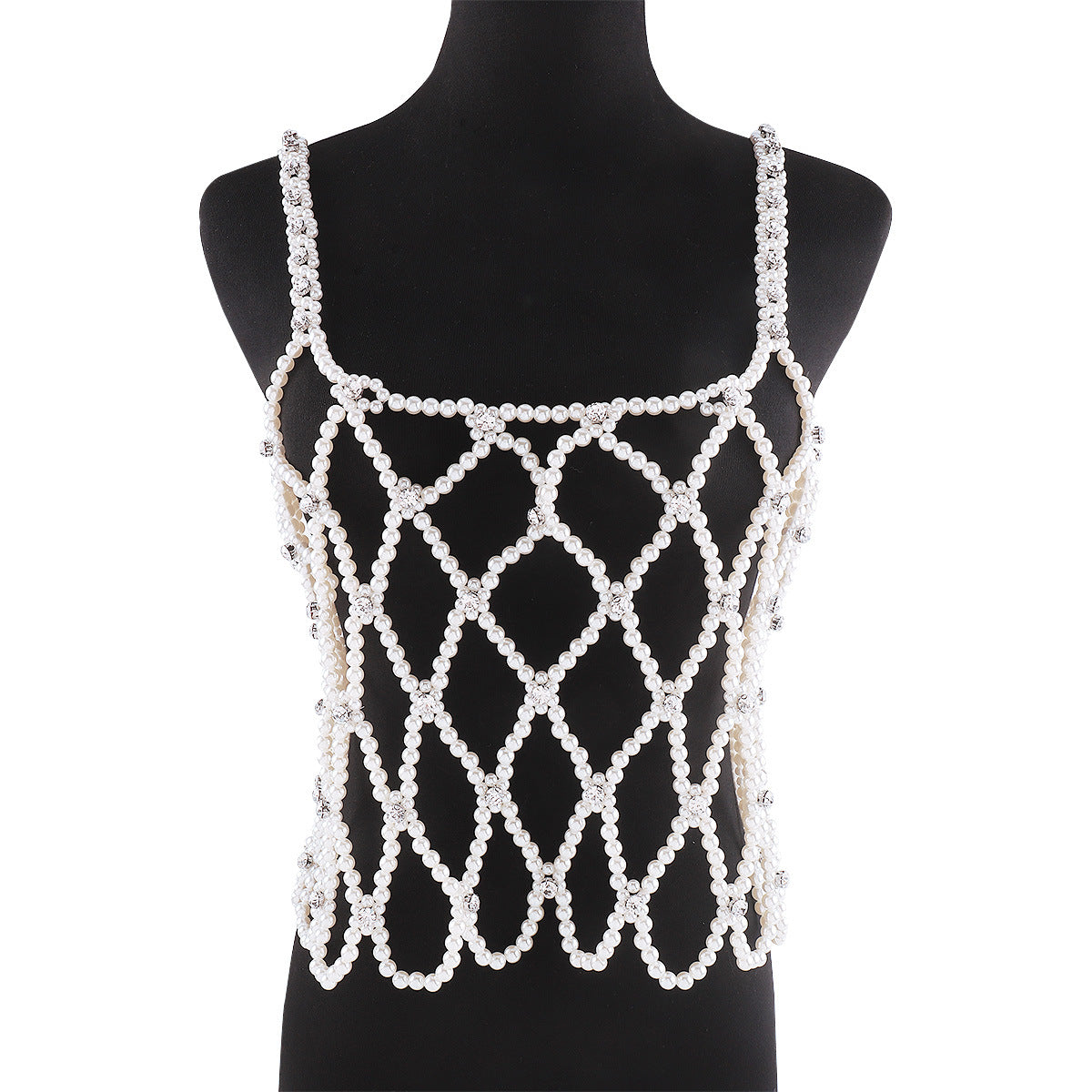 Catena da corpo geometrica da donna con perle finte e intarsio di strass, design intrecciato a mano di ispirazione francese