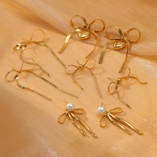Pendientes de tuerca de acero de titanio con lazo y perlas minimalistas para mujer con acabado chapado