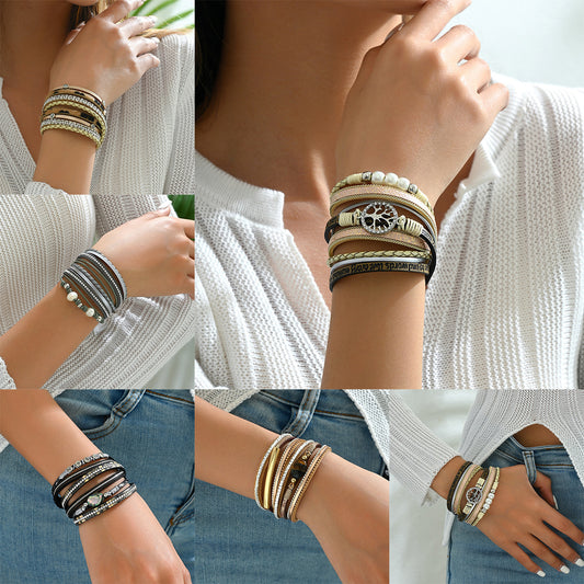 Pulsera de cuero geométrica minimalista de lujo para mujer con incrustaciones de pedrería y detalles circulares de lunares redondos y ovalados