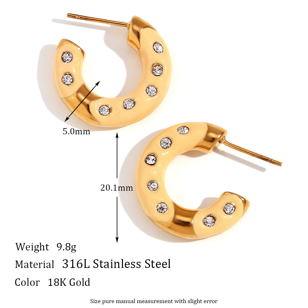 Orecchini a cerchio da donna geometrici alla moda in acciaio inossidabile placcati oro 18 carati smaltati con strass a forma di ciambella