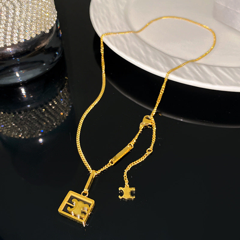 Vintage Geometric Square Hollow Titanium Steel Plated Pendant Necklace with Tassel for Unisex