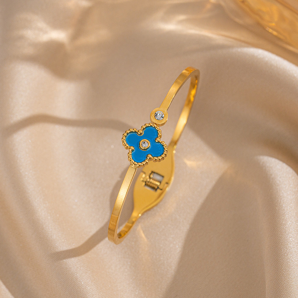 Bracciale Minimalista in Acciaio Inossidabile da Donna con Placcatura in Acciaio al Titanio e Intarsio di Strass a Forma Geometrica Ovale
