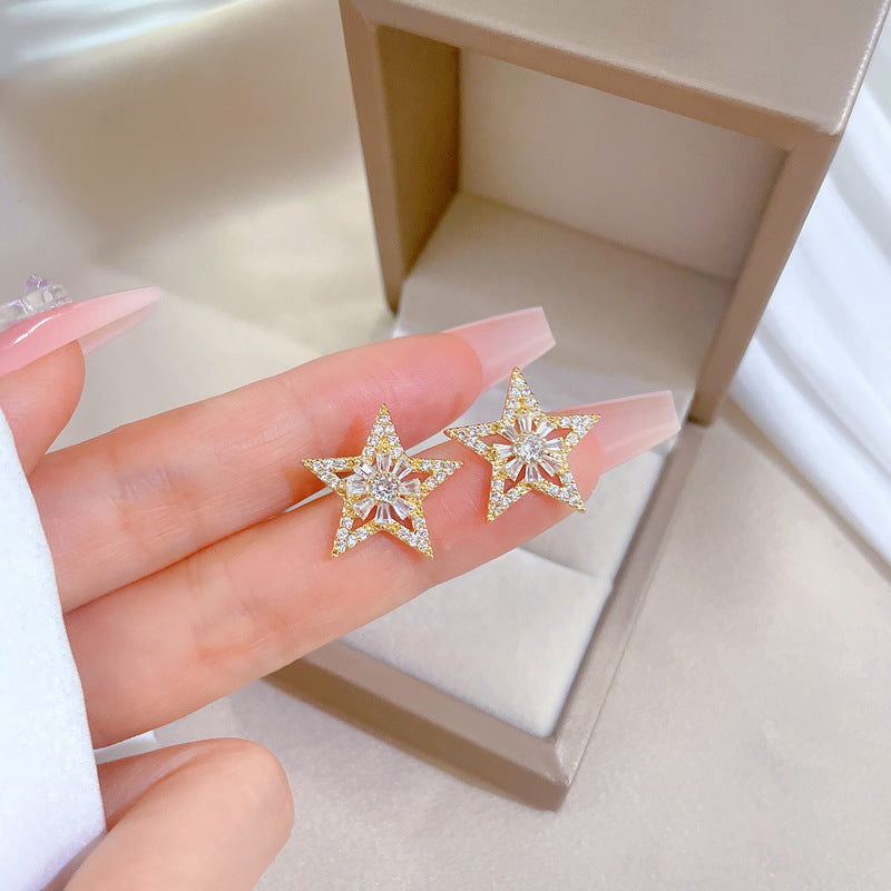 Luxury Titanium Steel Geometric Star and Flower Pendant Necklace Set with Rhinestone Inlay for Women Formal Events