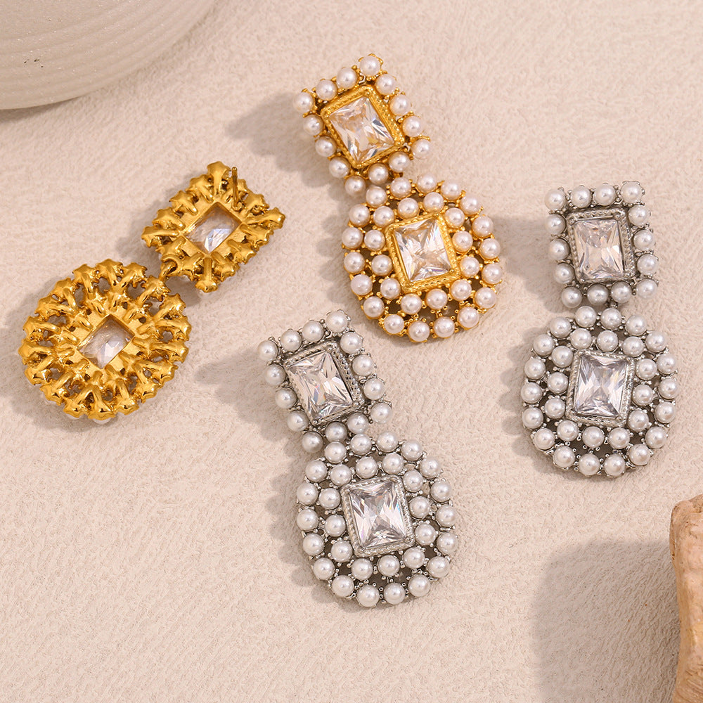 Fashionable Geometric Stainless Steel Earrings with 18K Gold Plating, Zircon and Pearl Accents for Women