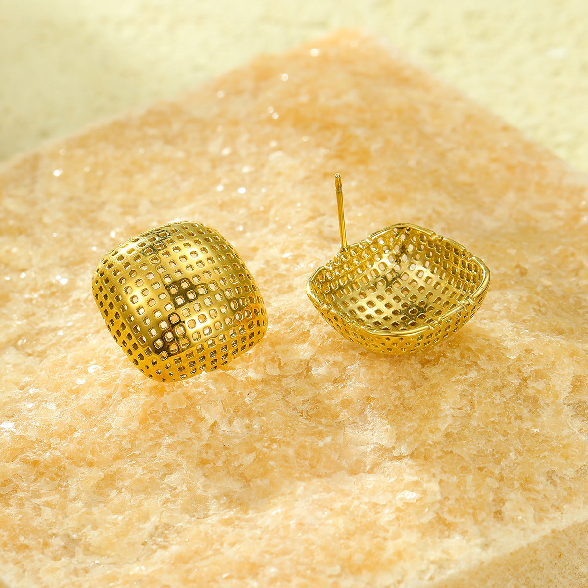 Minimalist Fashionable Square Stainless Steel Hollow Mesh Stud Earrings with Plating Finish for Women