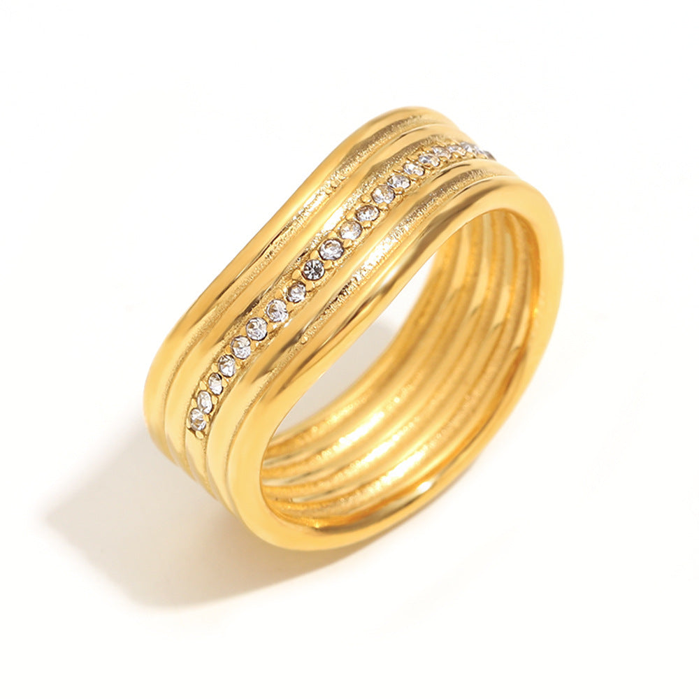 Fashionable Heart-Shaped Stainless Steel Ring with 18K Gold Plating, Hollow Star and Beaded Edge Design, Multi-Layer Zircon Accent, Office-Appropriate Minimalist Jewelry for Women