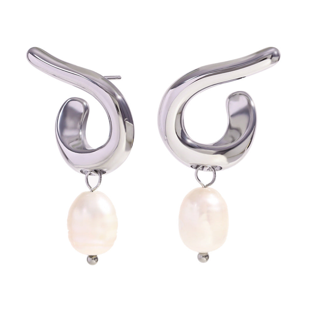 Geometric Irregular Fashion Earrings in Stainless Steel with 18K Gold Plating Featuring Spiral Seashell Design and Simulated Pearl Accents