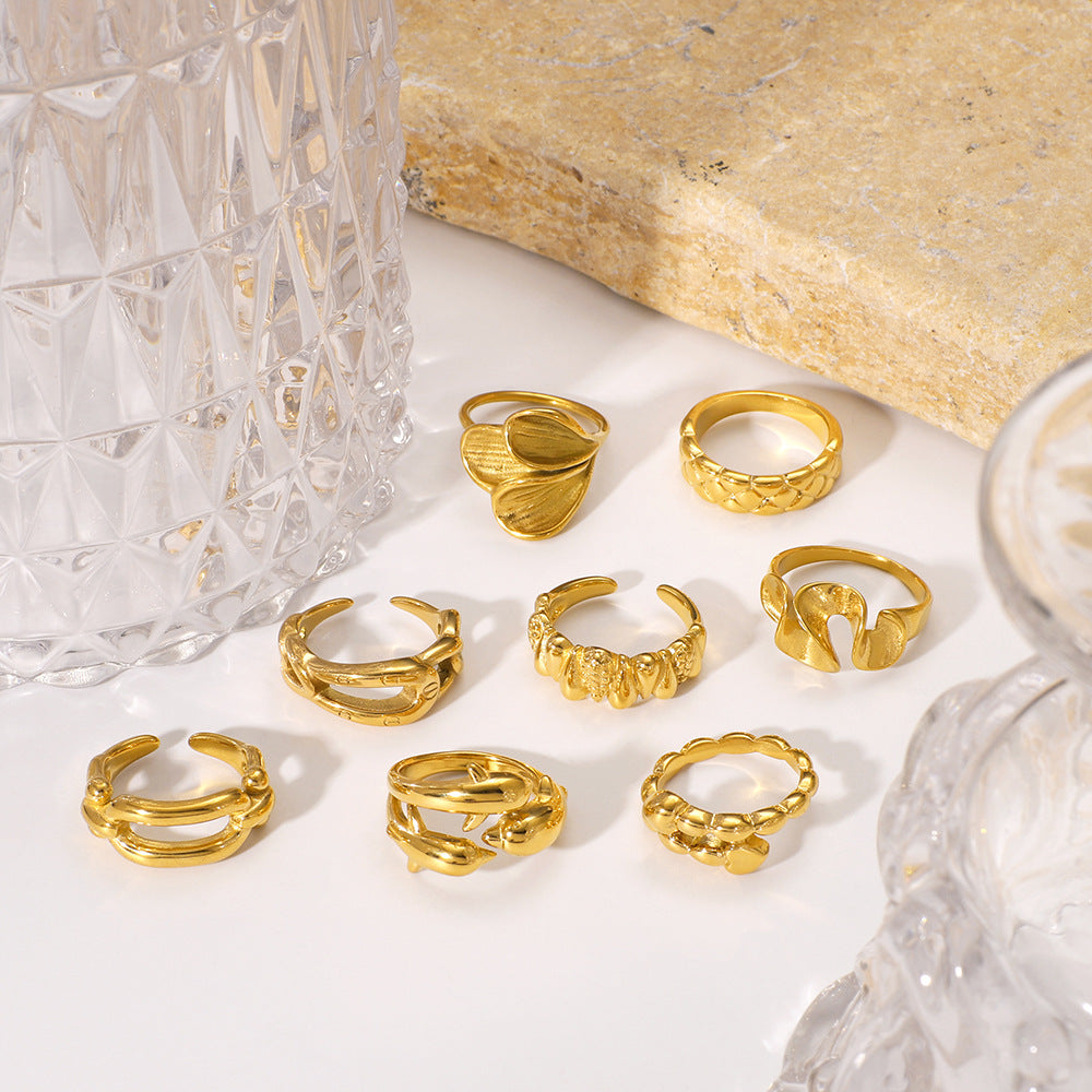 Geometric Wave Leaf Shaped Stainless Steel Plated Gold Ring with Textured Ruffled Asymmetrical Design for Women and Men