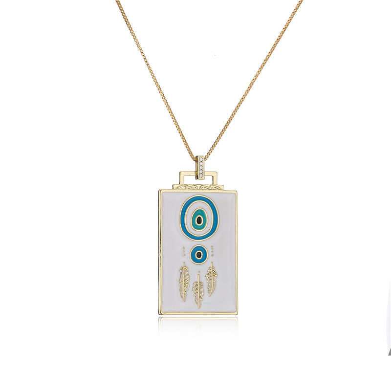 Vintage Square Geometric Drip Oil Inlay Brass Pendant Box Chain Necklace