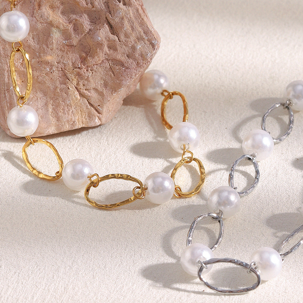 Bracciale da donna in acciaio inossidabile placcato oro 18 carati con perle finte, geometrico e minimalista