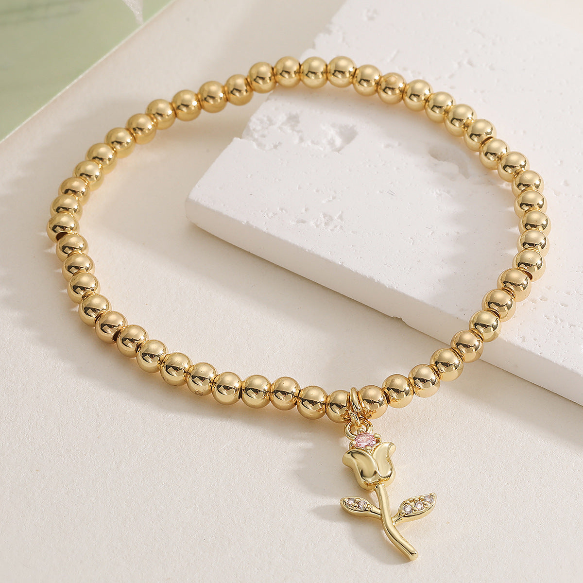 Fashion Geometric Rose 18K Gold Plated Brass Cubic Zirconia Pendant Bracelet for Women