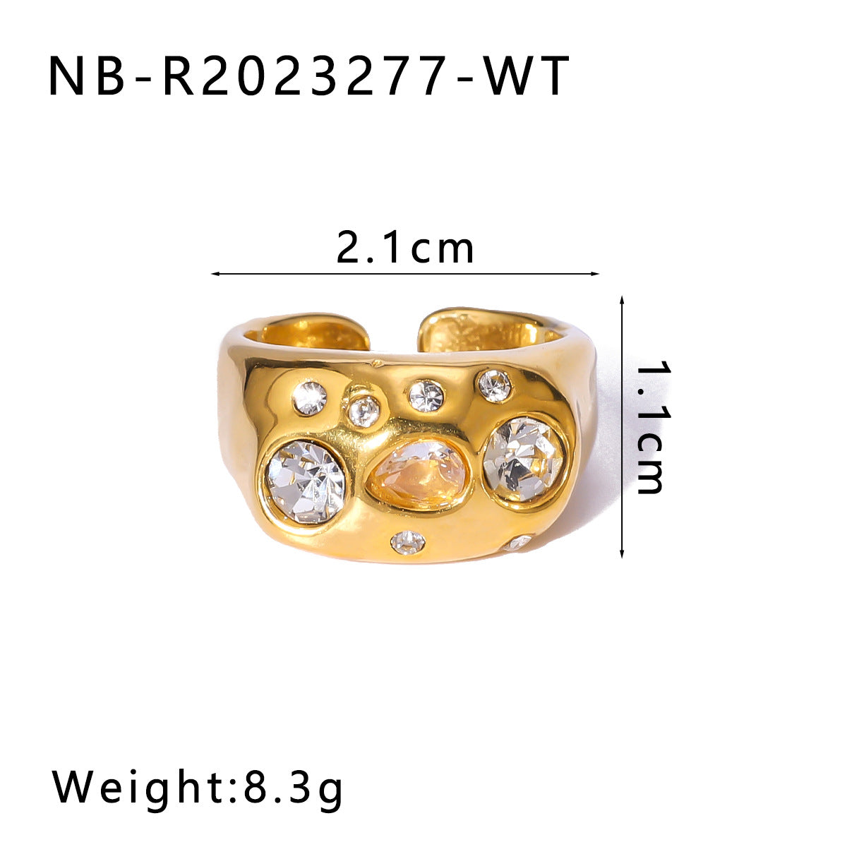 Anello aperto regolabile vintage in acciaio inossidabile con intarsio di strass colorati e placcatura in oro 18 carati, gioiello geometrico minimalista