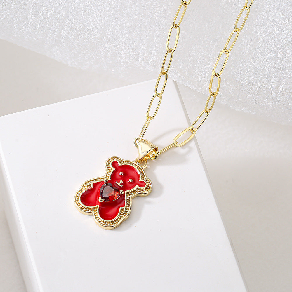 Minimalist Heart-Shaped Bear Pendant Necklace for Women with Copper Base Plated in 18K Gold and Enamel Finish Featuring Cubic Zirconia Accents