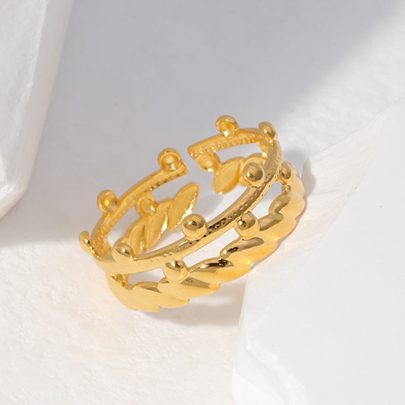 Anello Aperto Regolabile a Corona Geometrica in Acciaio Inossidabile Placcato Oro 18K per Donna