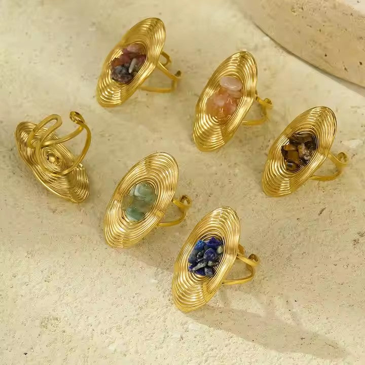 Anillo minimalista de acero inoxidable con forma ovalada e incrustaciones de piedra natural para mujer, joyería de lujo