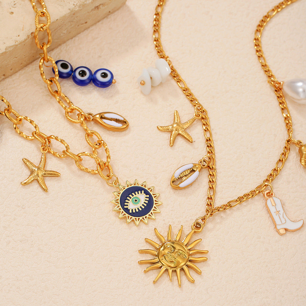 Ocean Style Geometric Star Shell Pendant Stainless Steel Cable Chain Necklace for Unisex
