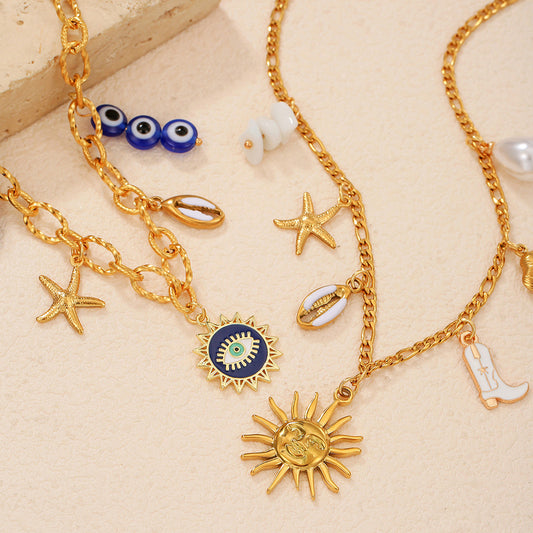Ocean Style Geometric Star Shell Pendant Stainless Steel Cable Chain Necklace for Unisex