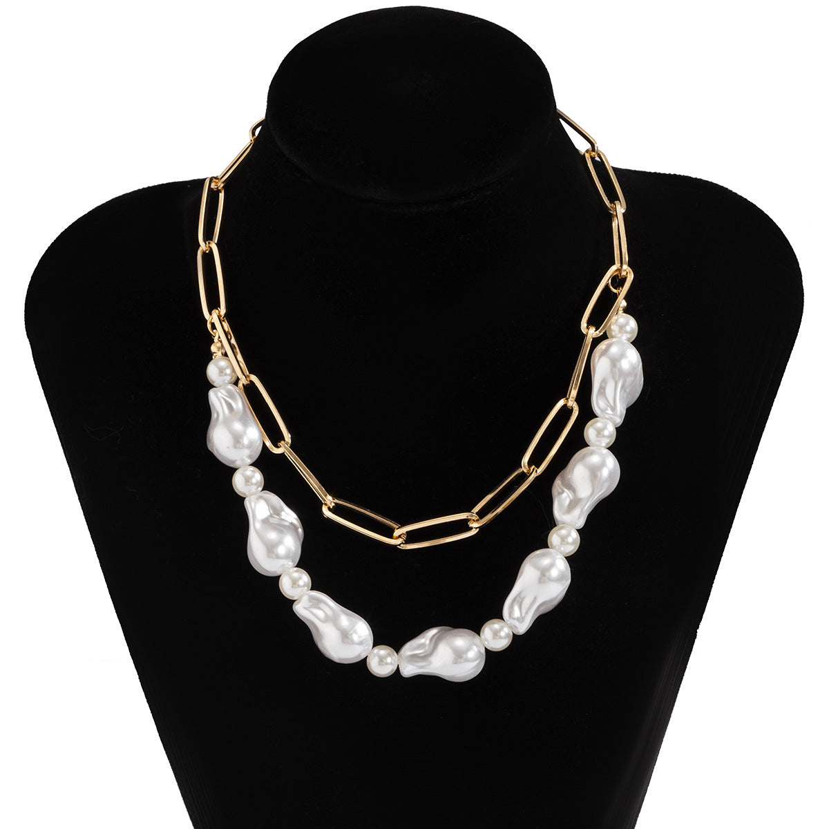 Minimalist Baroque-Inspired Multi-Layer Necklace with Cross Chain Design for Women, Electroplated Metal Pendant and Beaded Accent