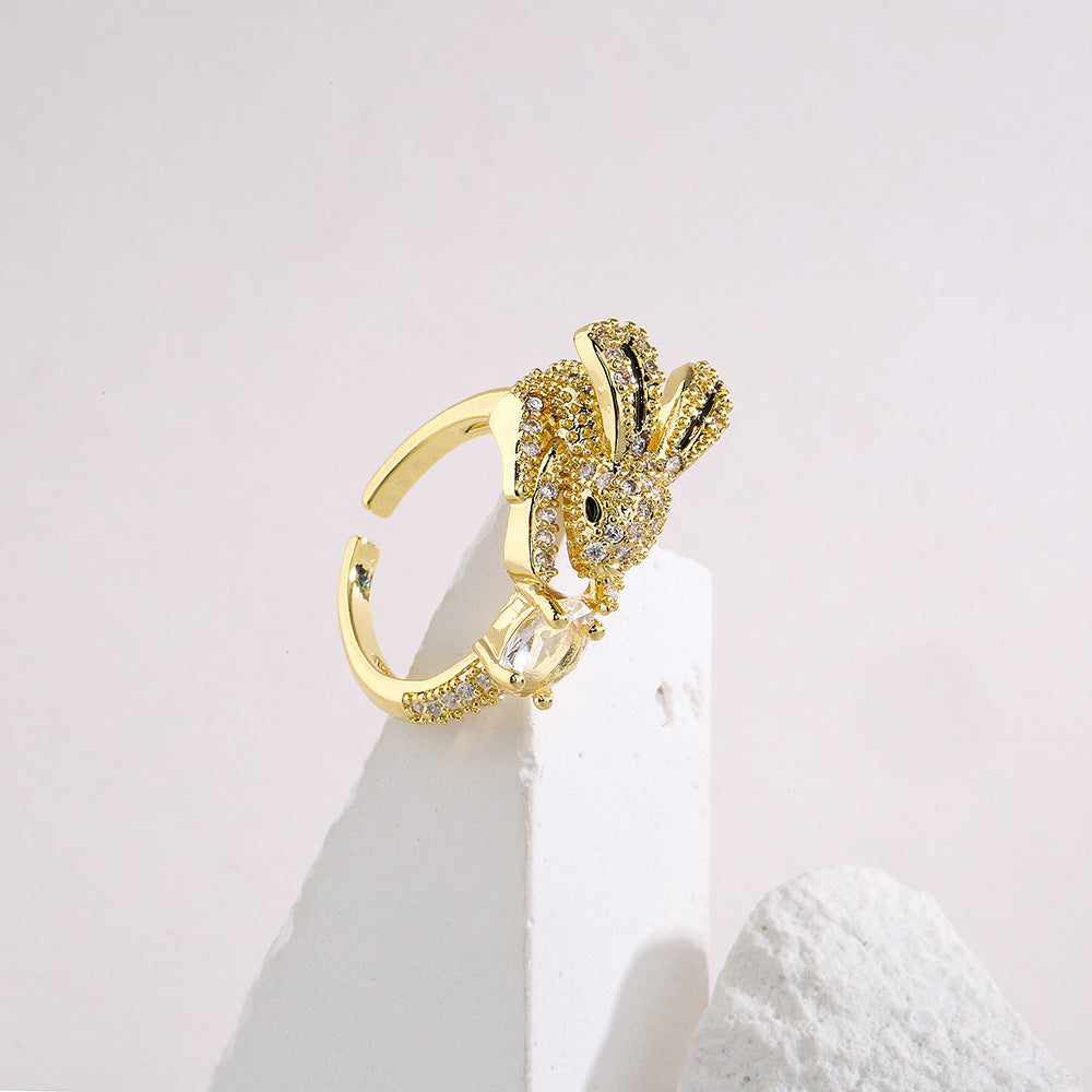 Anello da donna in rame a forma di animale geometrico, minimalista, placcato in oro 18 carati con zirconi micro-pavé