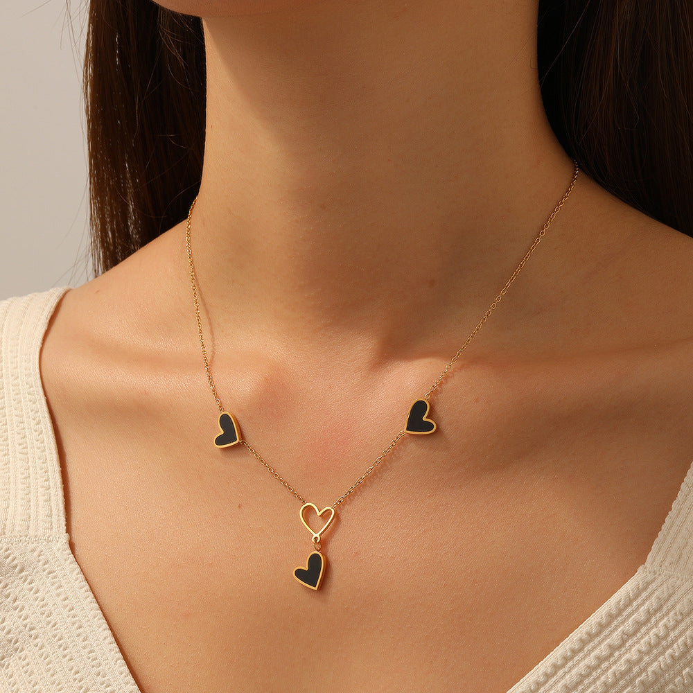 Minimalist Black Hollow Heart Stainless Steel Plated Tassel Necklace for Women