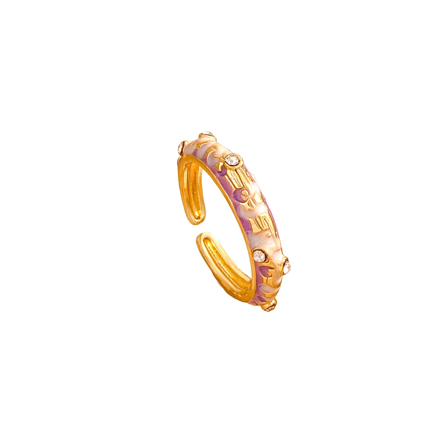 Sweet Minimalist Gold Plated Brass Ring with Rhinestone Inlay and Drip Oil Floral Heart Design for Women