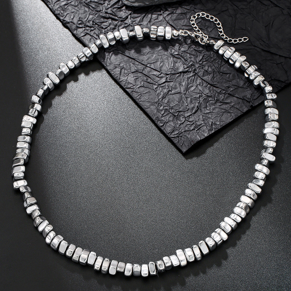 Geometric Black Obsidian Beaded Necklace for Men with Stainless Steel O-Chain and Handcrafted Details