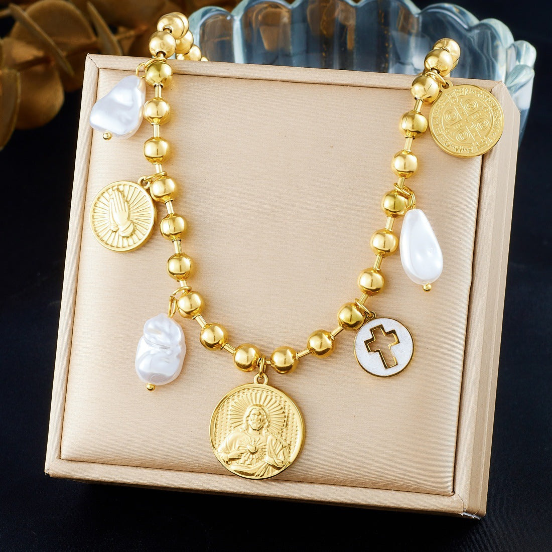 Vintage Gold Plated Stainless Steel Round Cross Relief Portrait Shell Pearl Necklace and Bracelet Set with Ball Chain