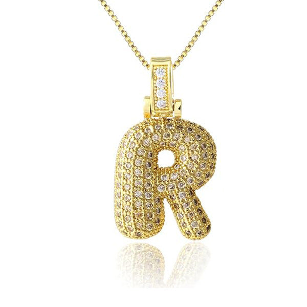 14K Gold Plated Brass Letter Pendant Necklace with Cubic Zirconia Inlay Box Chain for Women