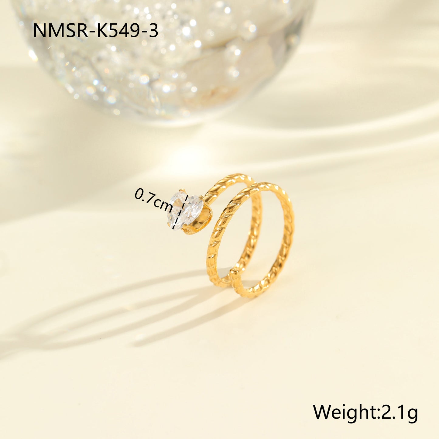 Luxury Geometric Stainless Steel Ring with Zircon Inlay and 18K Gold Plating Adjustable Women's Fashion Ring