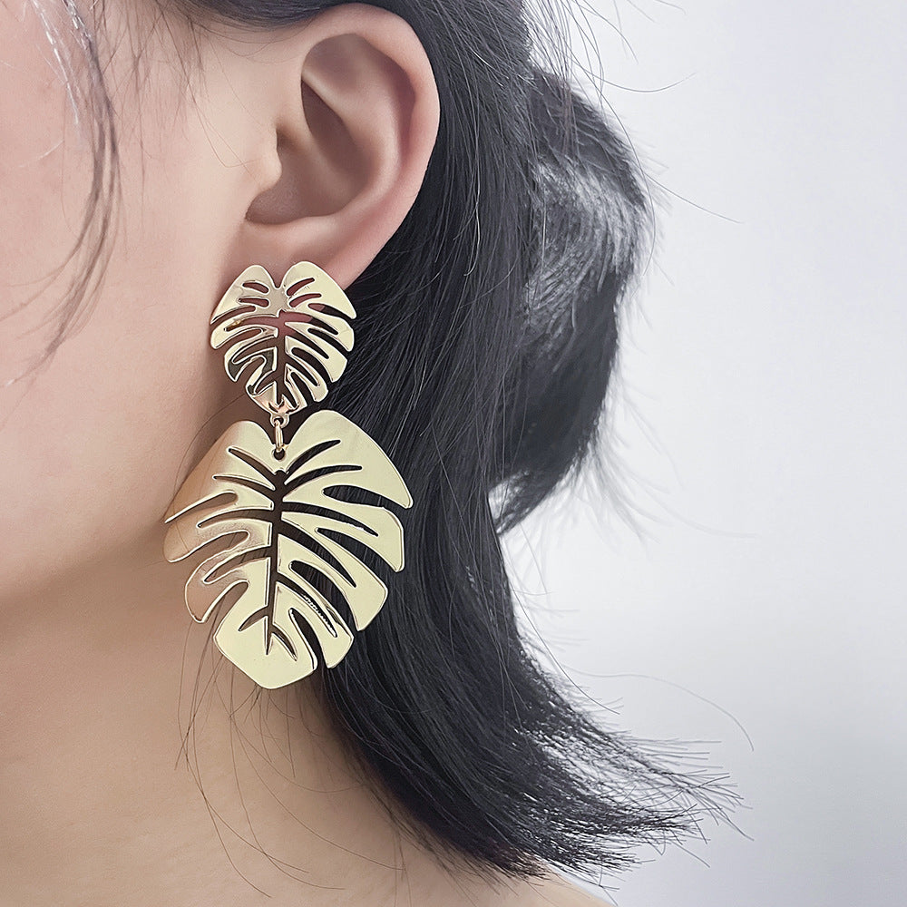 Geometric Double Leaf Plated Alloy Earrings